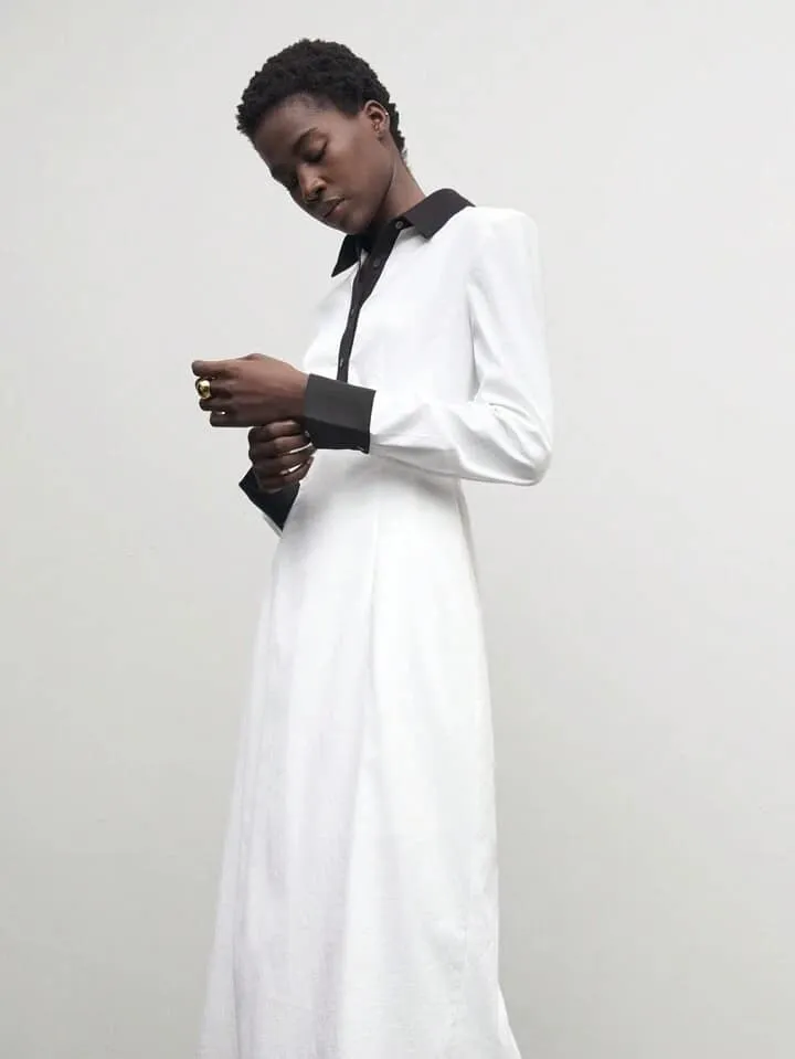 CM-DS306331 Women Casual Seoul Style Contrast Color Collar Neckline Long Sleeve Midi Dress - White