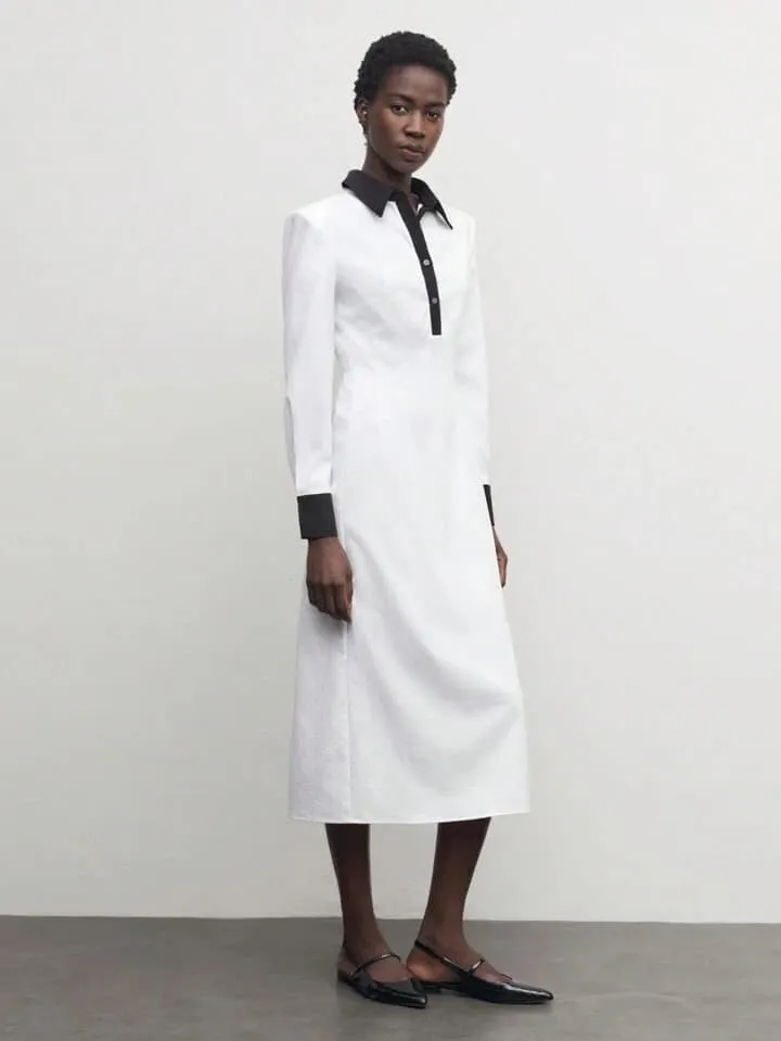 CM-DS306331 Women Casual Seoul Style Contrast Color Collar Neckline Long Sleeve Midi Dress - White
