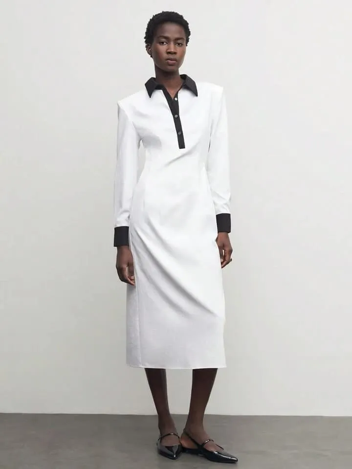 CM-DS306331 Women Casual Seoul Style Contrast Color Collar Neckline Long Sleeve Midi Dress - White