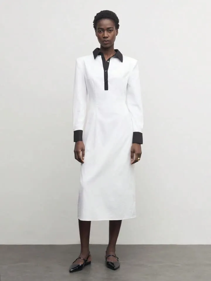 CM-DS306331 Women Casual Seoul Style Contrast Color Collar Neckline Long Sleeve Midi Dress - White