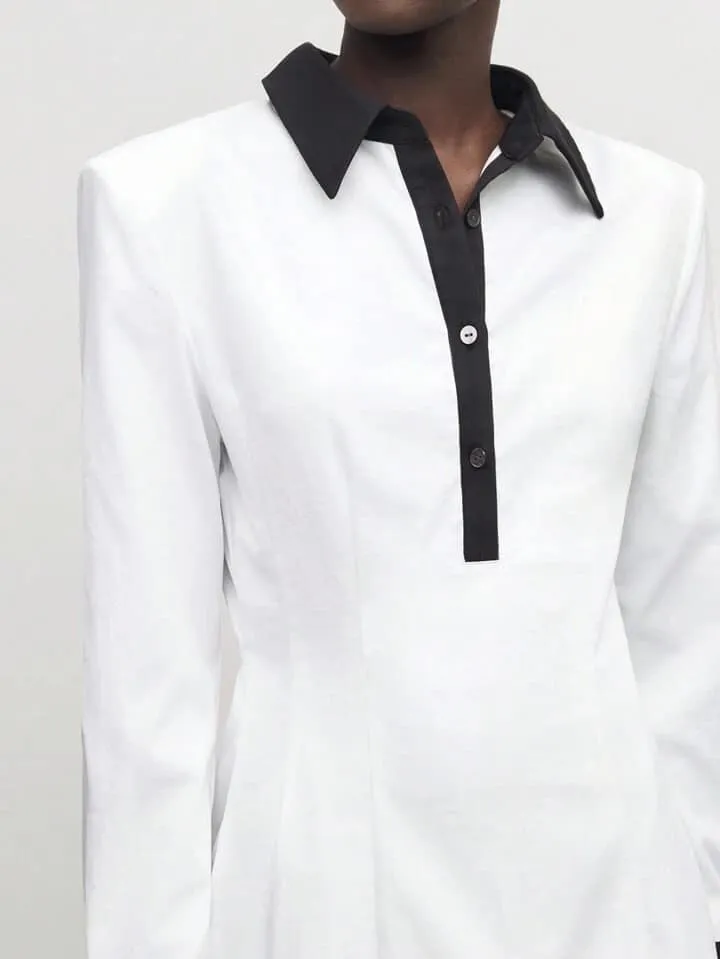 CM-DS306331 Women Casual Seoul Style Contrast Color Collar Neckline Long Sleeve Midi Dress - White
