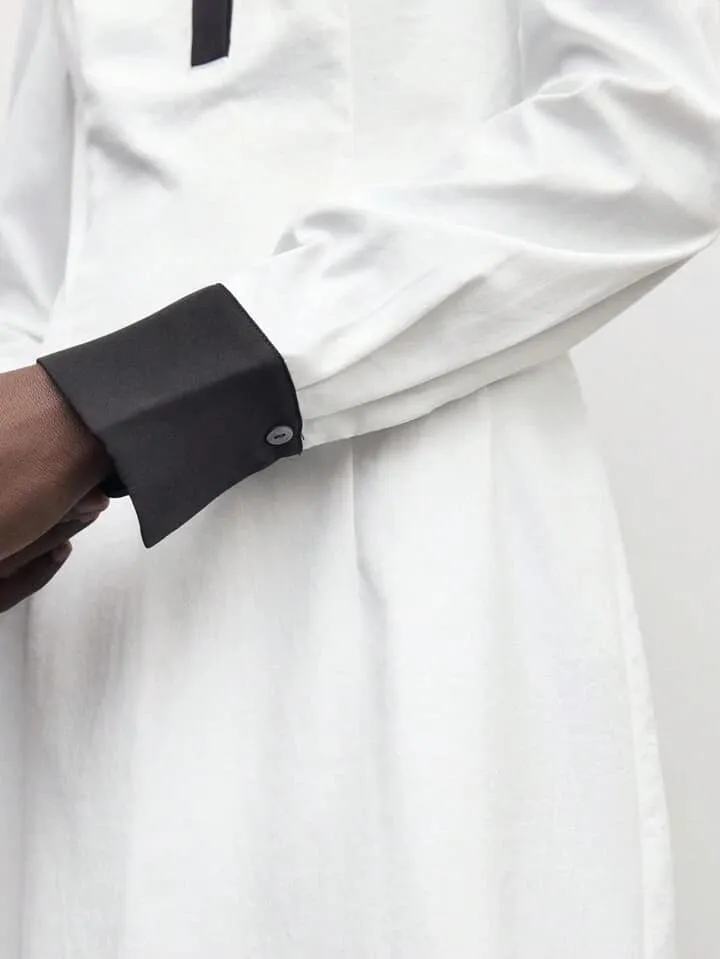 CM-DS306331 Women Casual Seoul Style Contrast Color Collar Neckline Long Sleeve Midi Dress - White