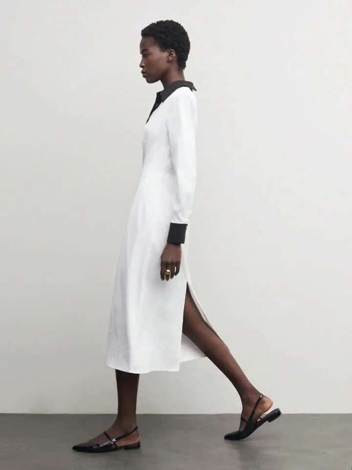 CM-DS306331 Women Casual Seoul Style Contrast Color Collar Neckline Long Sleeve Midi Dress - White