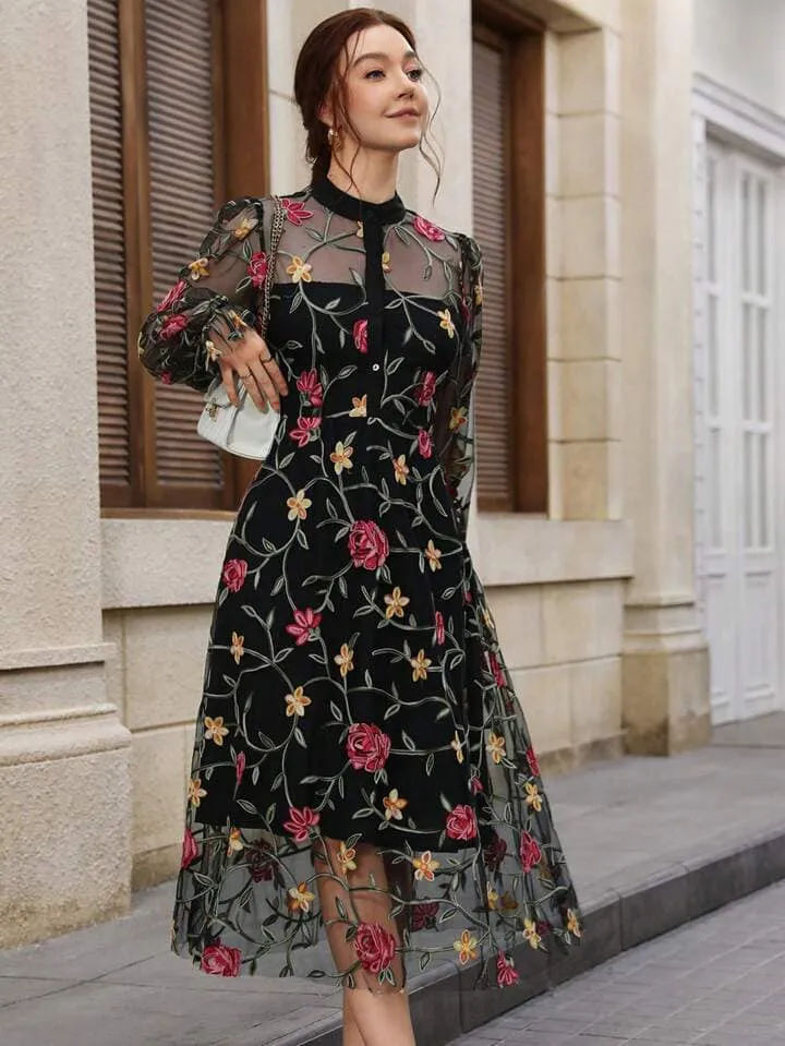 CM-DS336085 Women Elegant Seoul Style Tulle Embroidered Notched Neckline Long Sleeve Dress