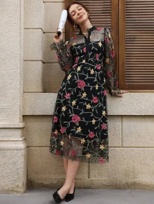 CM-DS336085 Women Elegant Seoul Style Tulle Embroidered Notched Neckline Long Sleeve Dress