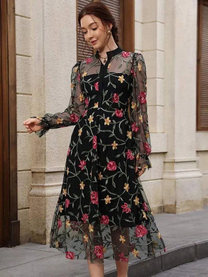 CM-DS336085 Women Elegant Seoul Style Tulle Embroidered Notched Neckline Long Sleeve Dress