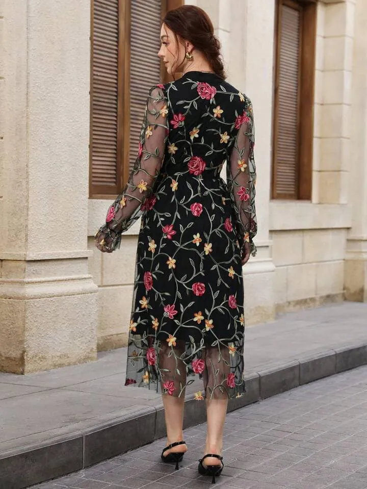 CM-DS336085 Women Elegant Seoul Style Tulle Embroidered Notched Neckline Long Sleeve Dress