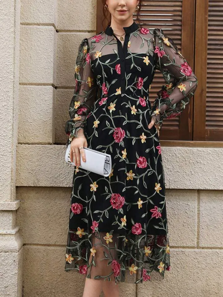 CM-DS336085 Women Elegant Seoul Style Tulle Embroidered Notched Neckline Long Sleeve Dress