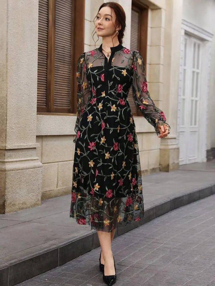 CM-DS336085 Women Elegant Seoul Style Tulle Embroidered Notched Neckline Long Sleeve Dress