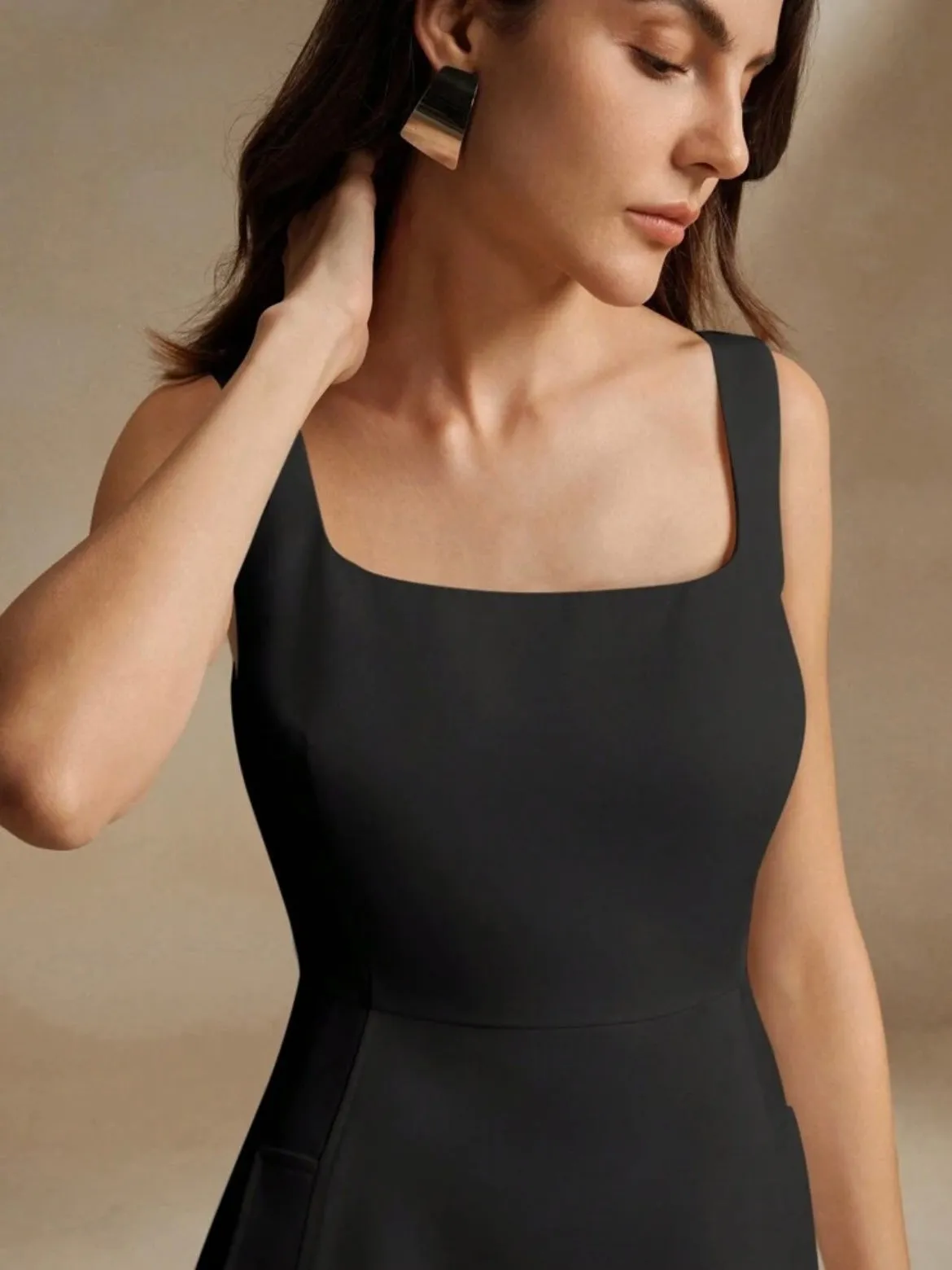 CM-DS387381 Women Elegant Seoul Style Square Neck Strap A-Line Cinched Waist Flattering Dress - Black