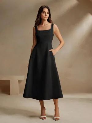 CM-DS387381 Women Elegant Seoul Style Square Neck Strap A-Line Cinched Waist Flattering Dress - Black