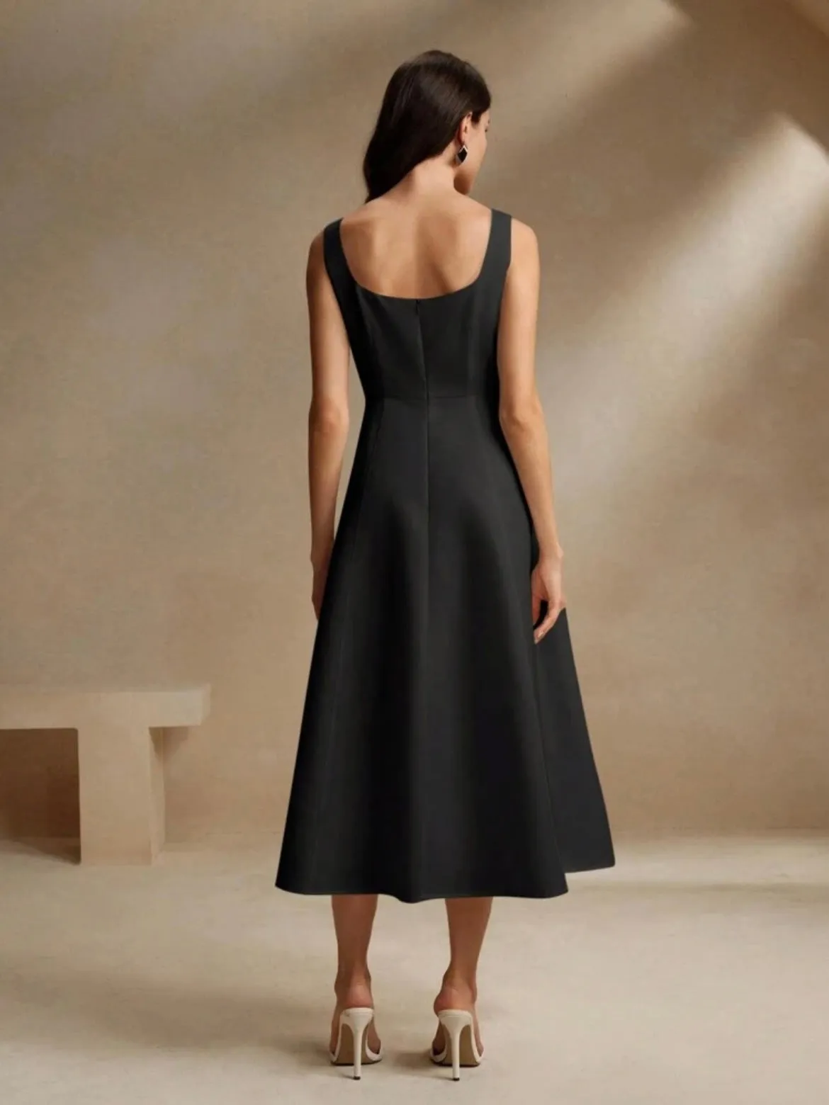 CM-DS387381 Women Elegant Seoul Style Square Neck Strap A-Line Cinched Waist Flattering Dress - Black