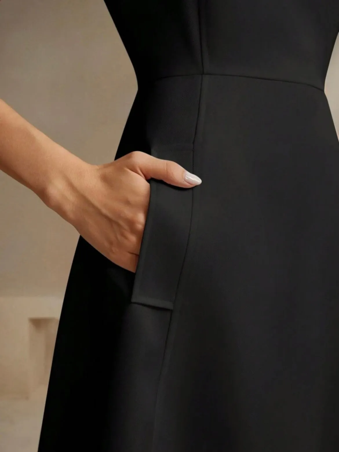CM-DS387381 Women Elegant Seoul Style Square Neck Strap A-Line Cinched Waist Flattering Dress - Black
