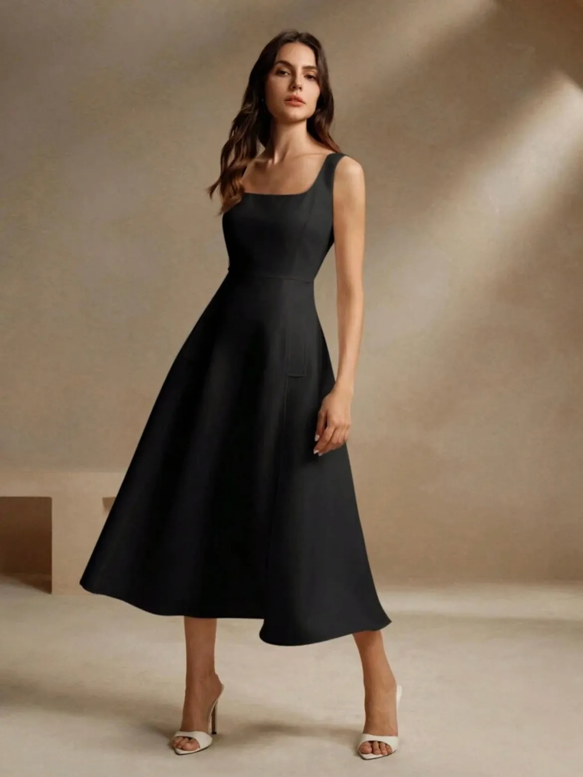CM-DS387381 Women Elegant Seoul Style Square Neck Strap A-Line Cinched Waist Flattering Dress - Black