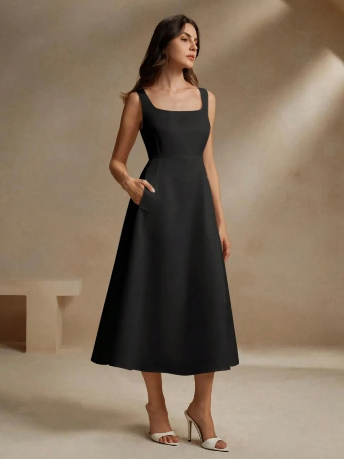 CM-DS387381 Women Elegant Seoul Style Square Neck Strap A-Line Cinched Waist Flattering Dress - Black
