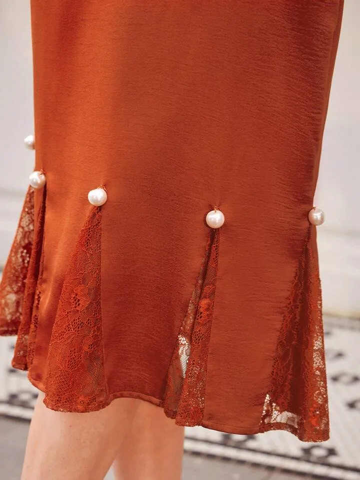 CM-DS555527 Women Elegant Seoul Style Lace Pearl Buttoned Spaghetti Strap Mermaid Dress - Rust Brown