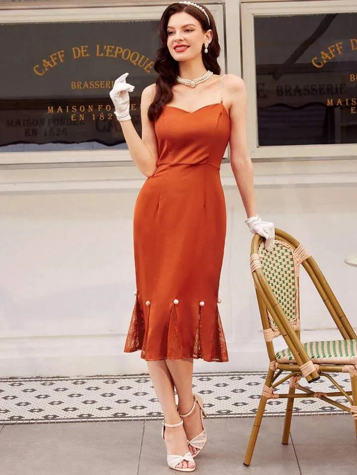 CM-DS555527 Women Elegant Seoul Style Lace Pearl Buttoned Spaghetti Strap Mermaid Dress - Rust Brown