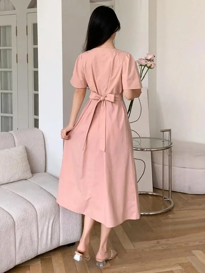 CM-DS668898 Women Elegant Seoul Style Solid Puff Sleeve Tie Back Square Neck Dress - Pink