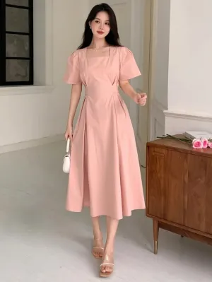 CM-DS668898 Women Elegant Seoul Style Solid Puff Sleeve Tie Back Square Neck Dress - Pink