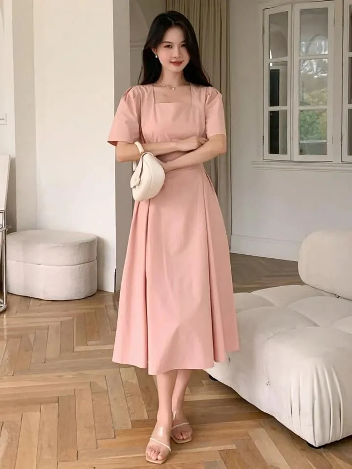 CM-DS668898 Women Elegant Seoul Style Solid Puff Sleeve Tie Back Square Neck Dress - Pink