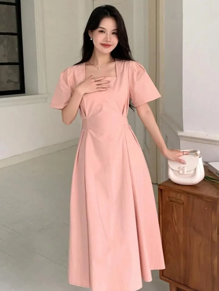 CM-DS668898 Women Elegant Seoul Style Solid Puff Sleeve Tie Back Square Neck Dress - Pink