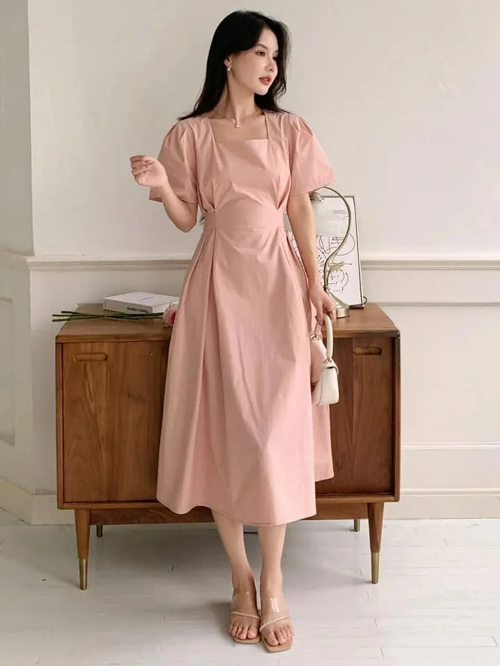 CM-DS668898 Women Elegant Seoul Style Solid Puff Sleeve Tie Back Square Neck Dress - Pink