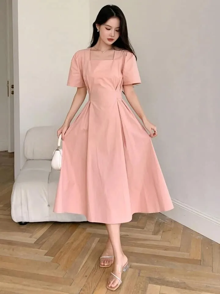 CM-DS668898 Women Elegant Seoul Style Solid Puff Sleeve Tie Back Square Neck Dress - Pink