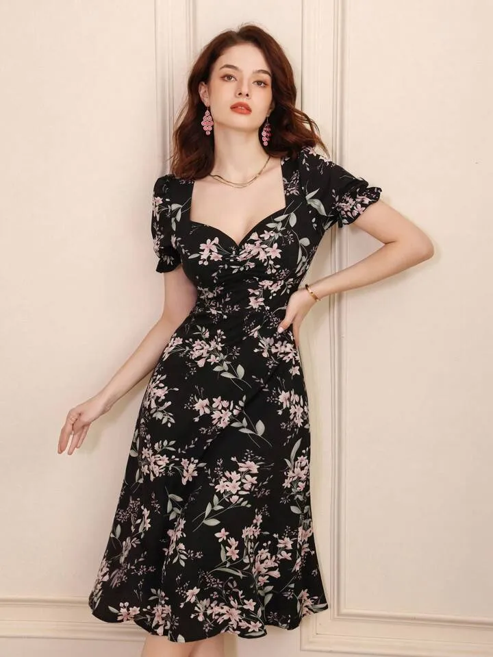 CM-DS677760 Women Trendy Bohemian Style Random Printed Short Sleeve Dress - Black