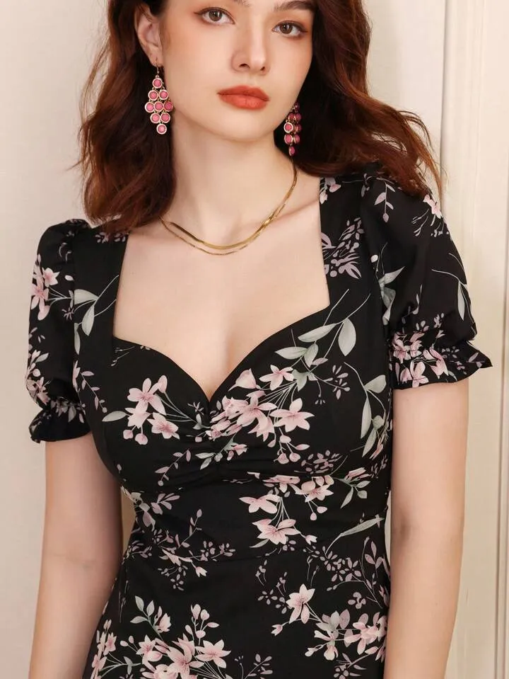 CM-DS677760 Women Trendy Bohemian Style Random Printed Short Sleeve Dress - Black