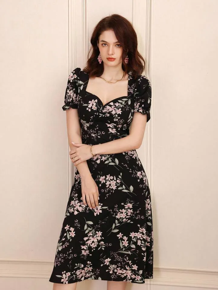 CM-DS677760 Women Trendy Bohemian Style Random Printed Short Sleeve Dress - Black