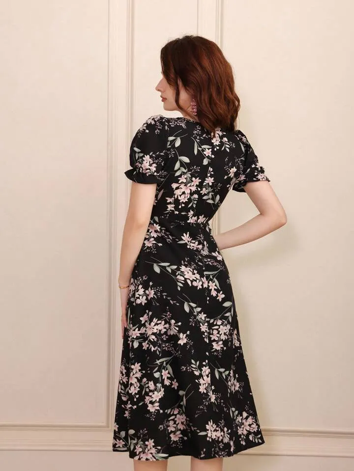 CM-DS677760 Women Trendy Bohemian Style Random Printed Short Sleeve Dress - Black
