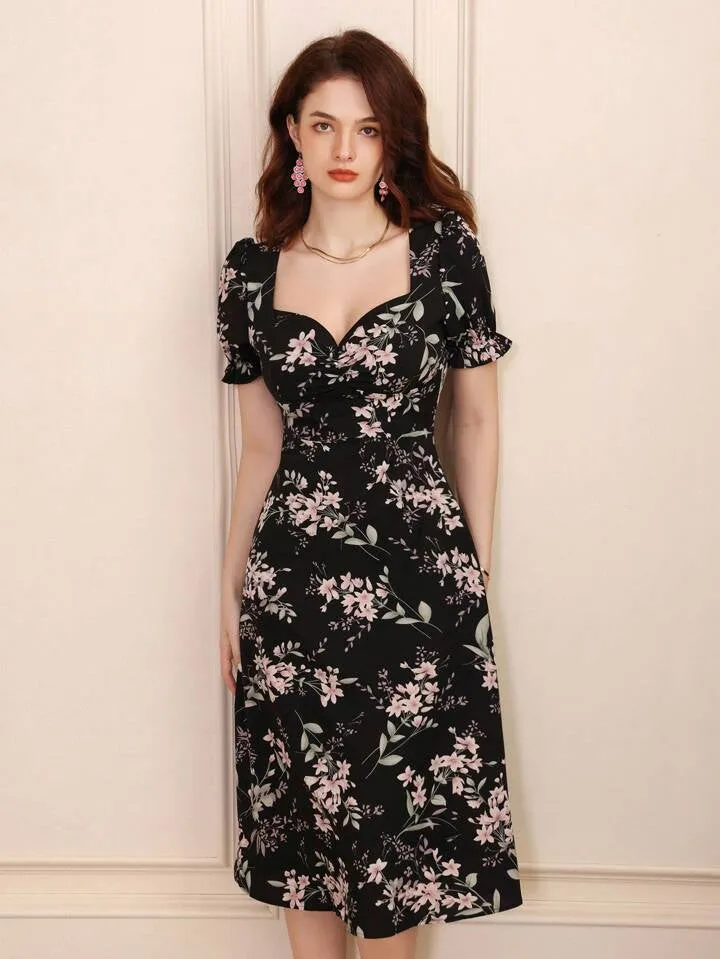 CM-DS677760 Women Trendy Bohemian Style Random Printed Short Sleeve Dress - Black