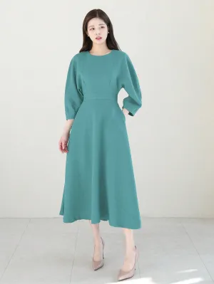 CM-DS771057 Women Elegant Seoul Style Solid Color Round Neck 3/4 Sleeve Midi Dress - Green