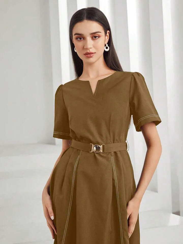 CM-DS891131 Women Casual Seoul Style Solid Color Short Sleeve V-Neck Notch Midi Dress - Brown