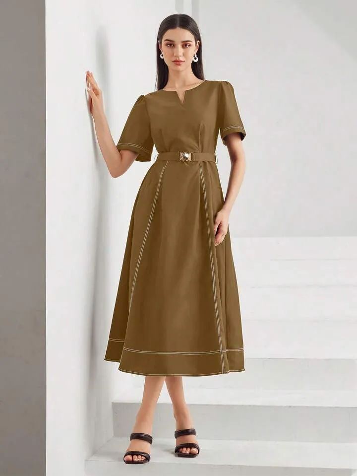 CM-DS891131 Women Casual Seoul Style Solid Color Short Sleeve V-Neck Notch Midi Dress - Brown
