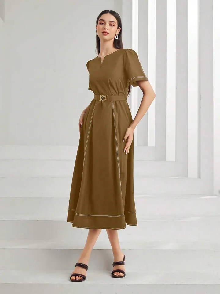 CM-DS891131 Women Casual Seoul Style Solid Color Short Sleeve V-Neck Notch Midi Dress - Brown