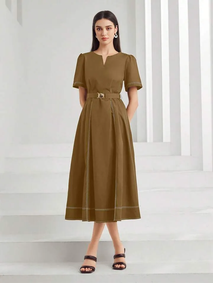 CM-DS891131 Women Casual Seoul Style Solid Color Short Sleeve V-Neck Notch Midi Dress - Brown