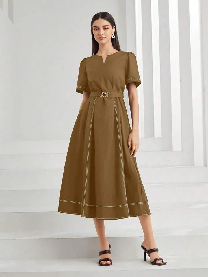 CM-DS891131 Women Casual Seoul Style Solid Color Short Sleeve V-Neck Notch Midi Dress - Brown
