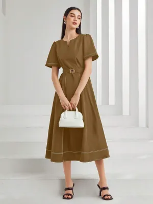 CM-DS891131 Women Casual Seoul Style Solid Color Short Sleeve V-Neck Notch Midi Dress - Brown