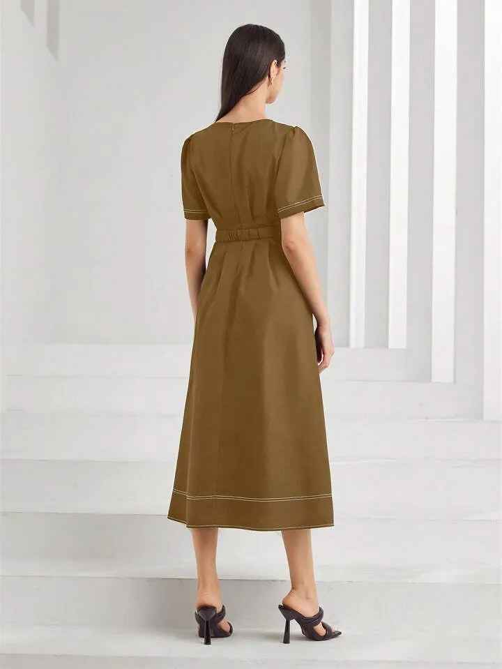 CM-DS891131 Women Casual Seoul Style Solid Color Short Sleeve V-Neck Notch Midi Dress - Brown