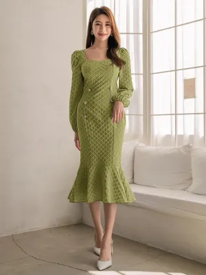 CM-DS899893 Women Elegant Seoul Style Square Neck Lantern Sleeve Mermaid Hem Jacquard Dress
