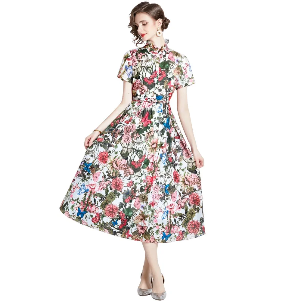 CM-DY000044 Women Elegant European Style Butterfly Prints Short Sleeve Slim Dress