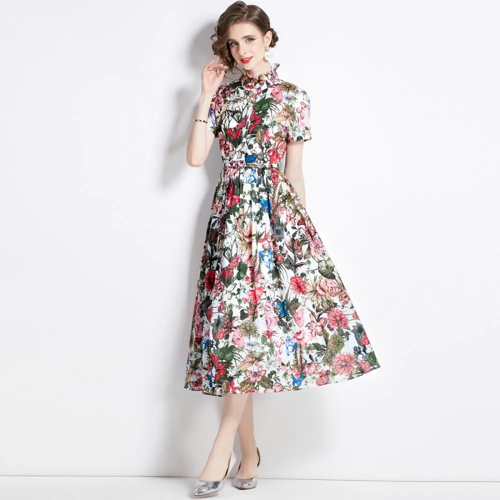 CM-DY000044 Women Elegant European Style Butterfly Prints Short Sleeve Slim Dress