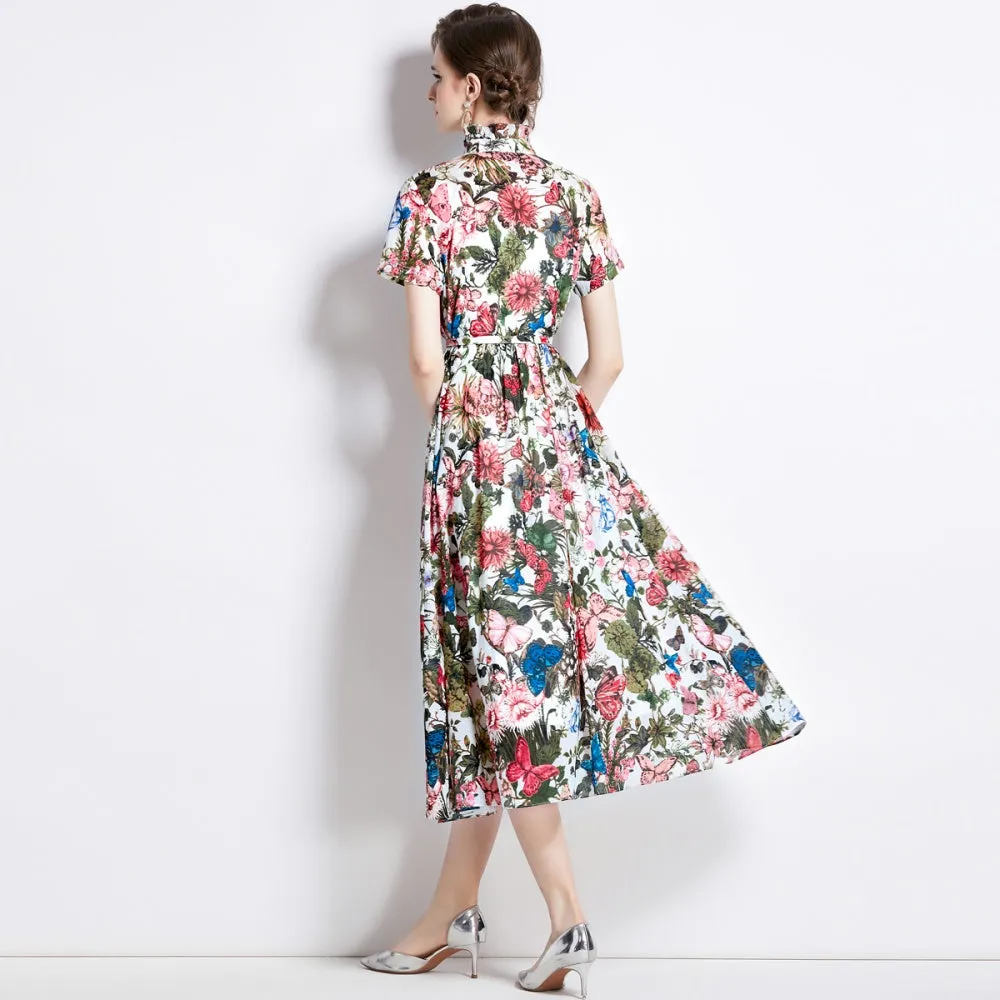 CM-DY000044 Women Elegant European Style Butterfly Prints Short Sleeve Slim Dress