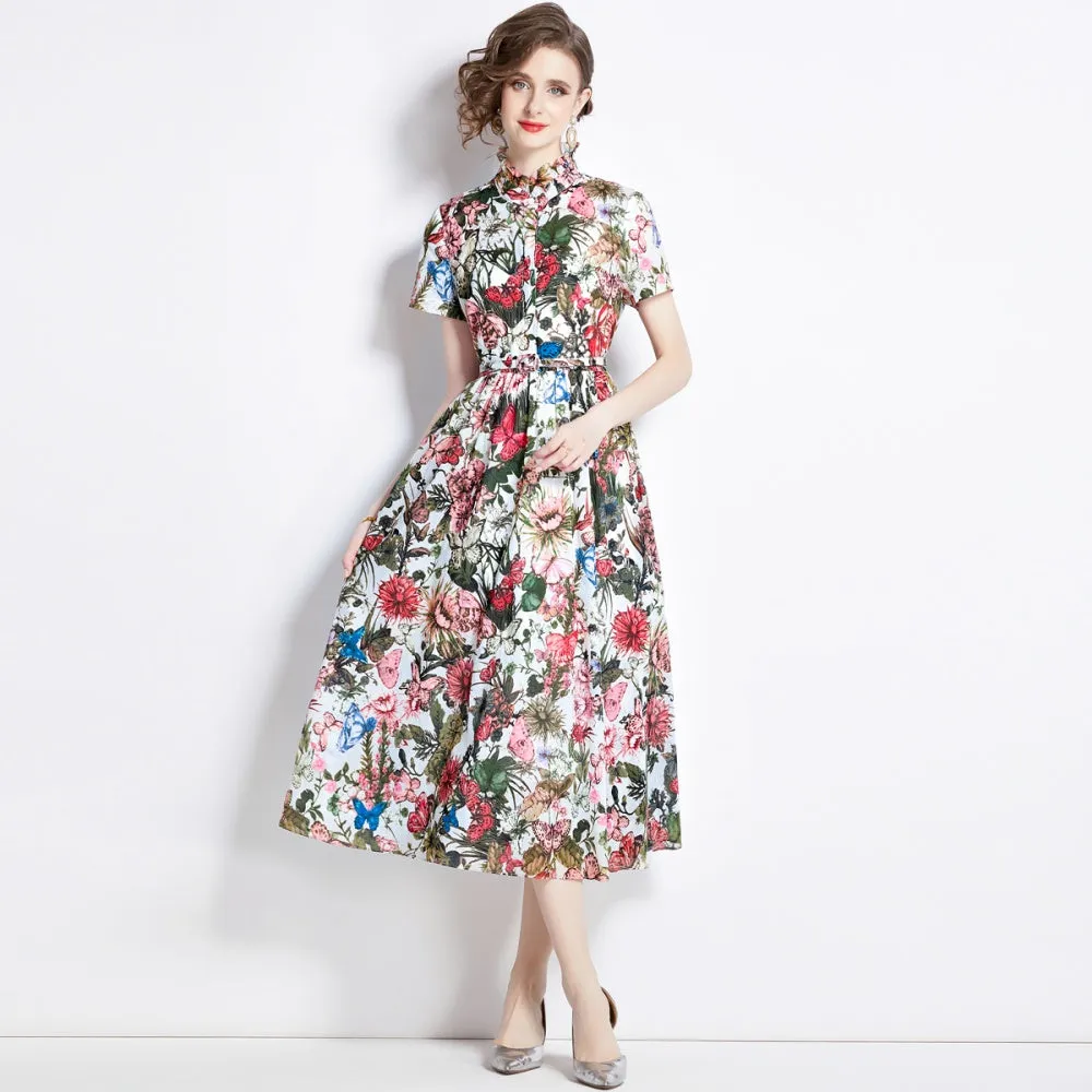 CM-DY000044 Women Elegant European Style Butterfly Prints Short Sleeve Slim Dress