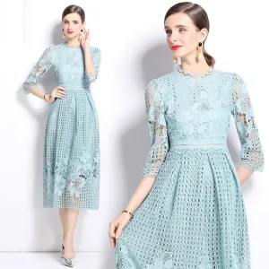 CM-DY022936 Women Elegant European Style Long Sleeve Printing Hollow Lace Slim Dress
