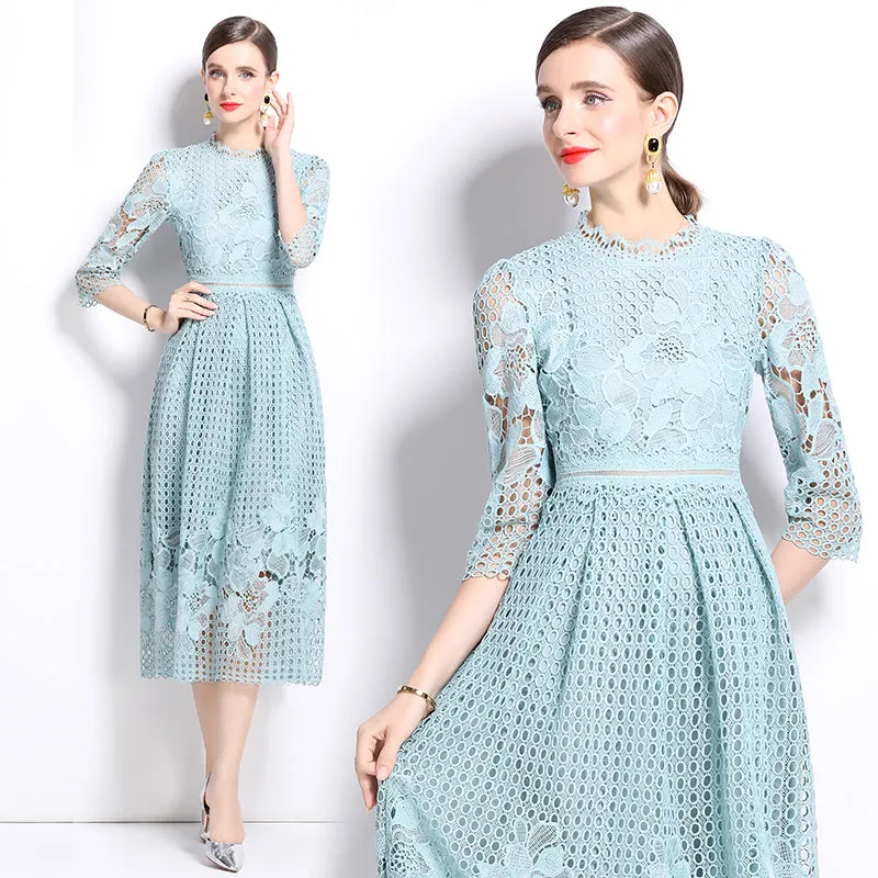 CM-DY022936 Women Elegant European Style Long Sleeve Printing Hollow Lace Slim Dress