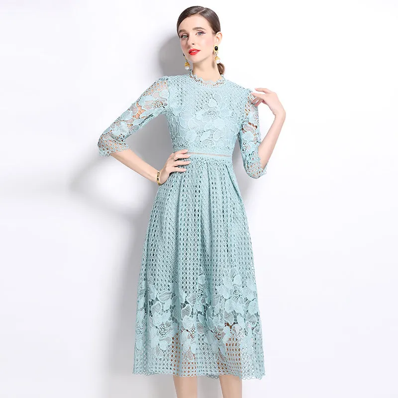 CM-DY022936 Women Elegant European Style Long Sleeve Printing Hollow Lace Slim Dress