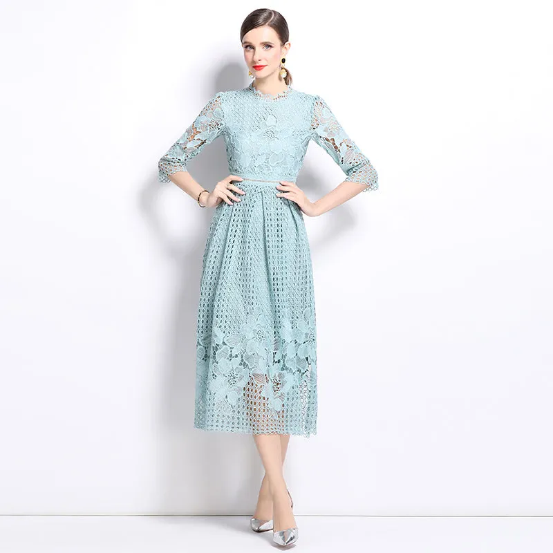 CM-DY022936 Women Elegant European Style Long Sleeve Printing Hollow Lace Slim Dress