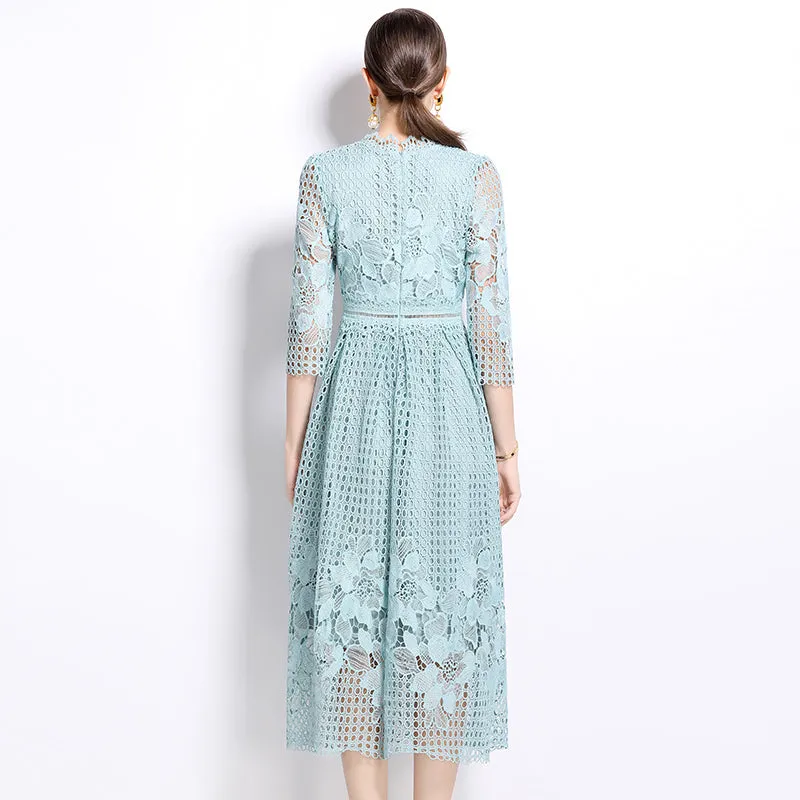 CM-DY022936 Women Elegant European Style Long Sleeve Printing Hollow Lace Slim Dress